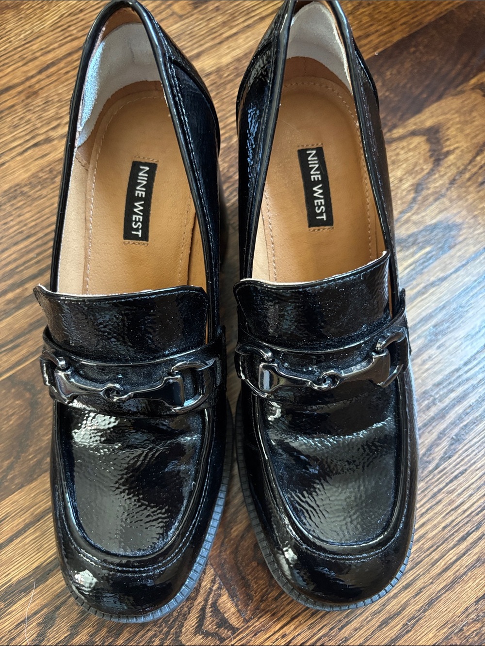 Nine West Black Patent Leather Loafers with Silver Hardware
